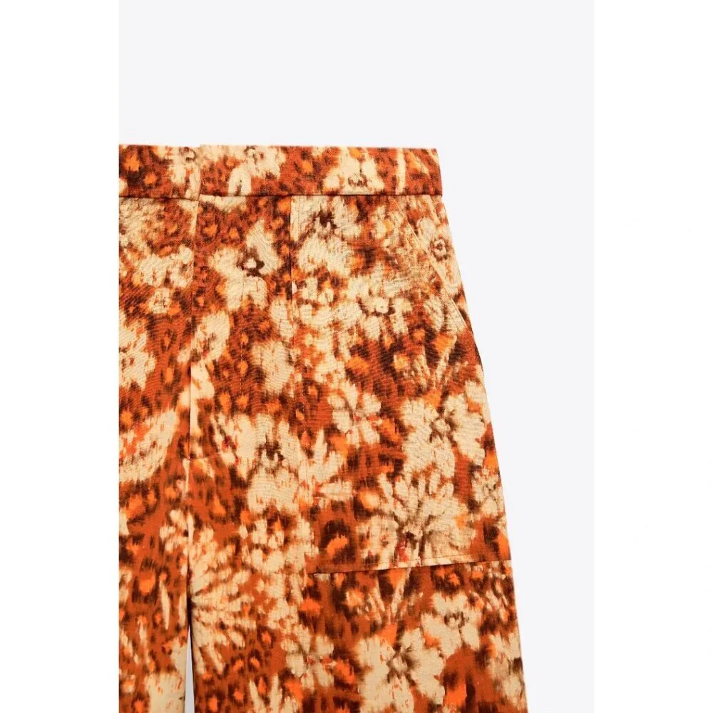 Zara Burnt Orange Floral Wide Leg Pants High Waist Boho Retro XL - Picture 7 of 16